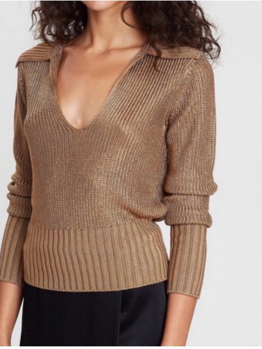 Theory Roving Viscose Draped Collar Sweater In Brown/Gold